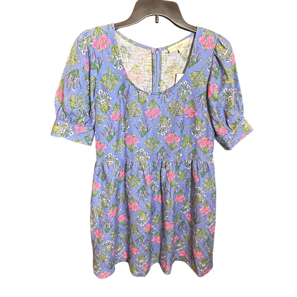 NWT LOFT Size 2 Floral Babydoll Dress Puff Sleeve Blue Linen Cottagecore - Picture 3 of 12